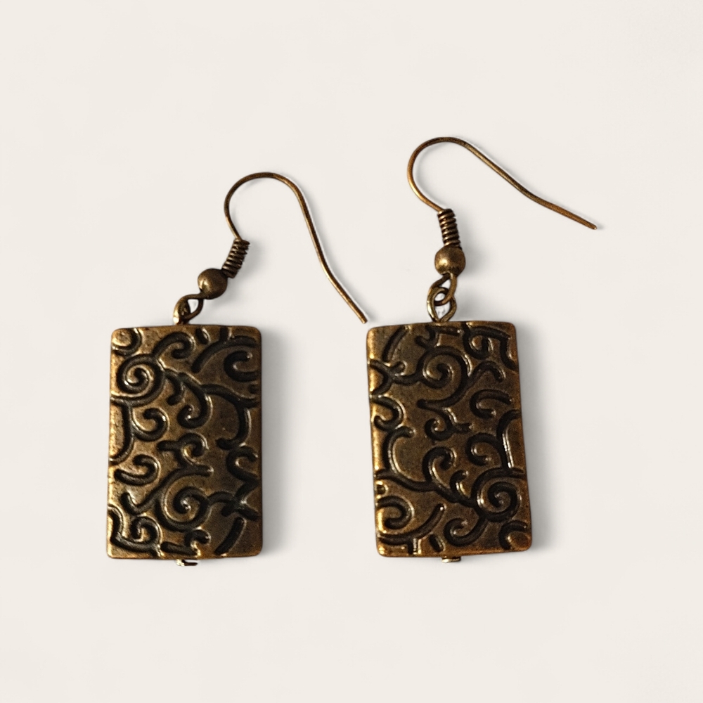 Bronze Embossed Swirl Dangle Drop Earrings Boho Vintage Vibe